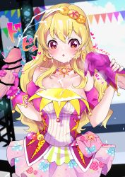 Rule 34 | 1girl, 2boys, :o, absurdres, aikatsu!, aikatsu! (series), bar censor, bare shoulders, blonde hair, blurry, blurry background, blush, bow print, breasts, censored, choker, cleavage, cum, cum on body, cum on breasts, cum on clothes, cum on upper body, depth of field, detached sleeves, double handjob, dress, earrings, ejaculation, erection, exhibitionism, facial, floral print, gloved handjob, gloves, hair between eyes, hair over shoulder, hairband, handjob, heart, hetero, highres, hoshimiya ichigo, idol, jewelry, large breasts, long hair, looking at penis, mikorin, multicolored clothes, multicolored dress, multiple boys, nail polish, open mouth, out of frame, penis, pink dress, pink gloves, pink nails, pink sleeves, pouch, public indecency, red eyes, rose print, solo focus, speed lines, spoken heart, stage, sweat, trembling, twitching penis, upper body, veins, veiny penis