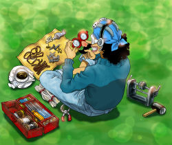 Rule 34 | 1boy, bandana, coffee, denim, fake facial hair, fake mustache, glasses, goggles, jeans, male focus, mallet, nail, one piece, pants, pliers, screwdriver, sitting, solo, toolbox, usopp, vise, wire, wrench