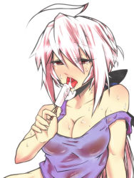 Rule 34 | 1girl, ahoge, blush, bow, breasts, cleavage, eating, food, hair bow, hair ornament, jin (mugenjin), ponytail, popsicle, red eyes, sexually suggestive, simple background, solo, sweat, tank top, tongue, vocaloid, white hair, yowane haku