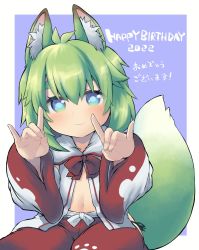 Rule 34 | 1girl, animal ears, antenna hair, blue eyes, blush, bow, closed mouth, commentary request, double fox shadow puppet, fox ears, fox girl, fox shadow puppet, fox tail, green hair, hair between eyes, highres, long sleeves, looking at viewer, m.m, navel, original, pants, purple background, red bow, red pants, seiza, short eyebrows, sitting, smile, solo, tail, thick eyebrows, translation request, two-tone background, white background, wide sleeves
