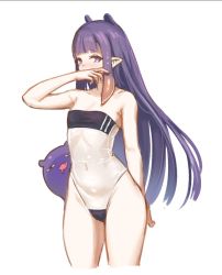 Rule 34 | 1girl, alternate costume, arm behind back, bare shoulders, black one-piece swimsuit, blunt bangs, blush, breasts, covered navel, covering own mouth, embarrassed, gris swimsuit, hair flaps, half-closed eyes, hand over own mouth, hand up, hexunart, highleg, highleg swimsuit, hololive, hololive english, holomyth, long hair, looking at viewer, meme attire, midriff, mole, mole under eye, navel, ninomae ina&#039;nis, one-piece swimsuit, pointy ears, purple eyes, purple hair, see-through, see-through swimsuit, simple background, small breasts, solo, stomach, strapless, strapless one-piece swimsuit, swimsuit, takodachi (ninomae ina&#039;nis), tentacle hair, thighs, very long hair, virtual youtuber, white background, wide hips