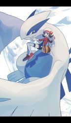 Rule 34 | 1girl, absurdres, asagiri kogen, bad id, bad twitter id, blue overalls, bow, brown eyes, brown hair, cabbie hat, commentary, creatures (company), game freak, gen 2 pokemon, hat, hat bow, highres, legendary pokemon, letterboxed, long hair, lugia, lyra (pokemon), nintendo, open mouth, overalls, pokegear, pokemon, pokemon (creature), pokemon hgss, red bow, red footwear, red shirt, shirt, shoes, smile, thighhighs, twintails, white headwear, white thighhighs, yellow bag
