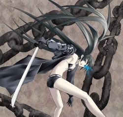 Rule 34 | 10s, 1girl, bad id, bad pixiv id, bikini, bikini top only, black rock shooter, black rock shooter (character), blue eyes, chain, coat, from side, front-tie top, glowing, glowing eyes, katana, long hair, midriff, short shorts, shorts, solo, swimsuit, sword, takabow, twintails, vocaloid, weapon