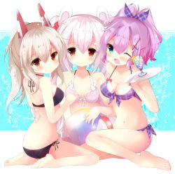 Rule 34 | 3girls, ;d, animal ears, ass, ayanami (azur lane), azur lane, ball, bare legs, barefoot, beachball, bendy straw, bikini, black bikini, blush, breasts, butt crack, cleavage, closed mouth, collarbone, commentary request, cup, drink, drinking glass, drinking straw, front-tie bikini top, front-tie top, fuuna thise, green eyes, hair between eyes, hair ribbon, headgear, holding, holding tray, javelin (azur lane), laffey (azur lane), light brown hair, long hair, looking at viewer, looking to the side, medium breasts, multiple girls, navel, one eye closed, open mouth, pink bikini, plaid, plaid bikini, plaid ribbon, ponytail, purple bikini, purple hair, purple ribbon, rabbit ears, red eyes, ribbon, side-tie bikini bottom, silver hair, sitting, small breasts, smile, swimsuit, transparent, tray, twintails, very long hair, wariza