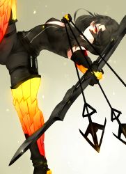 Rule 34 | 1girl, arrow (projectile), black hair, bow (weapon), breasts, cinder fall, drawing bow, gradient background, highres, holding, holding bow (weapon), holding weapon, husk57, mask, orange eyes, rwby, solo, weapon