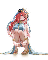 Rule 34 | 1girl, absurdres, aqua eyes, bare shoulders, blue nails, bracer, breasts, brooch, circlet, closed mouth, full body, genshin impact, gold footwear, harem outfit, head tilt, highres, horns, jewelry, large breasts, long hair, looking at viewer, nail polish, neck ring, nilou (genshin impact), no detached sleeves, panties, parted bangs, red hair, sandals, simple background, skirt, sleeveless, smile, squatting, striped clothes, striped panties, thighs, toes, ttkaki, twintails, underwear, veil, white background