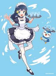 Rule 34 | 1girl, :d, absurdres, alternate costume, apron, black dress, black footwear, black hair, blue background, blue eyes, blush, commentary, creatures (company), dawn (pokemon), dress, enmaided, eyelashes, frills, game freak, gen 4 pokemon, glass, hair ornament, hairclip, hands up, highres, holding, holding tray, long hair, looking at viewer, maid, maid headdress, mr.thunderigor, nintendo, open mouth, piplup, pokemon, pokemon (anime), pokemon dppt (anime), puffy sleeves, shoes, short sleeves, sidelocks, smile, sparkle, symbol-only commentary, thighhighs, tray, w arms, watermark, white apron, white thighhighs