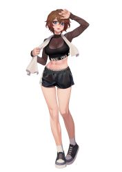Rule 34 | 1girl, arm up, black bra, black footwear, black shorts, bra, breasts, brown hair, cleavage, commission, eyebrows, full body, highres, hongcasso, large breasts, looking at viewer, mole, mole under mouth, navel, nike (company), original, shoes, short hair, shorts, sneakers, socks, solo, sports bra, tongue, tongue out, underwear, white socks