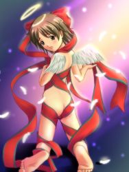 Rule 34 | 1girl, angel, ass, back, barefoot, feathers, feet, halo, looking back, naked ribbon, nude, ribbon, ryunnu, soles, solo, wings