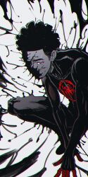Rule 34 | 1boy, afro, animal print, butterfly sitting, corruption, covered mouth, dark-skinned male, dark skin, glowing, glowing eyes, highres, jungyun99, living clothes, looking at viewer, marvel, miles morales, print bodysuit, sitting, spider-man: across the spider-verse, spider-man (miles morales), spider-man (series), spider-verse, spider print, spider web print, spot color, superhero costume, symbiote, two-tone bodysuit, venom (marvel)