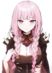 Rule 34 | 1girl, alternate hairstyle, aneco (westsea1227), blush, breasts, cleavage, highres, hololive, hololive english, long hair, looking at viewer, mori calliope, pink hair, red eyes, solo, virtual youtuber, white background