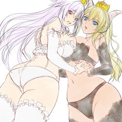 Rule 34 | 2girls, :o, alternate costume, ass, back, bare shoulders, black bra, black detached sleeves, black legwear, black panties, blonde hair, blush, bowsette, bra, breast press, breasts, brown horns, butt crack, cameltoe, cleavage, couple, crown, curvy, detached sleeves, embarrassed, female focus, frilled bra, frilled legwear, frills, ghost, hair between eyes, highres, hip focus, holding hands, horns, huge ass, interlocked fingers, lace, lace-trimmed bra, lace-trimmed legwear, lace-trimmed panties, lace trim, large breasts, lingerie, lips, long hair, looking at viewer, looking back, mario (series), midriff, mini crown, monster girl, multiple girls, navel, new super mario bros. u deluxe, nintendo, open mouth, panties, pointy ears, ponytail, princess king boo, red eyes, sharp teeth, shy, sideboob, sidelocks, silver hair, simple background, sketch, standing, stomach, strapless, strapless bra, super crown, super mario bros. 1, switch01, symmetrical docking, teeth, thick thighs, thighhighs, thighs, underwear, white bra, white detached sleeves, white legwear, white panties, wide hips, yuri