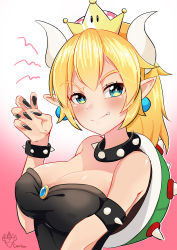Rule 34 | 1girl, absurdres, bare shoulders, blonde hair, blue eyes, bowsette, bracelet, breasts, cleavage, collar, crown, dress, earrings, fang, highres, horns, jewelry, large breasts, looking at viewer, mario (series), nintendo, ponytail, solo, spiked bracelet, spiked collar, spikes, super crown, yumi (milomonkey)