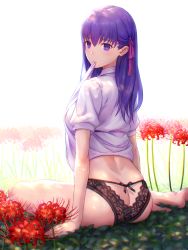 Rule 34 | 1girl, arm support, ass, black panties, blush, butt crack, cherry blossoms, closed mouth, clothes in mouth, commentary request, empty eyes, fate/stay night, fate (series), flower, hair between eyes, hair ribbon, heaven&#039;s feel, highres, long hair, looking at viewer, looking back, matou sakura, mouth hold, no pants, panties, puffy short sleeves, puffy sleeves, purple eyes, purple hair, purple ribbon, red flower, ribbon, shirt, shirt in mouth, short sleeves, shouhei, sitting, solo, underwear, white background, white shirt