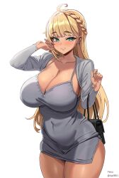 Rule 34 | 1girl, absurdres, ahoge, aqua eyes, artist name, bag, belly, blonde hair, blush, braid, breasts, cleavage, collarbone, commission, covered navel, cowboy shot, curvy, dress, ear piercing, earrings, eyelashes, french braid, grey dress, handbag, hands up, highres, huge breasts, jewelry, lips, long hair, long sleeves, looking at viewer, mole, mole on breast, original, piercing, plump, short dress, simple background, single braid, smile, solo, standing, swept bangs, tan, teeth, thighs, tight clothes, tight dress, twitter username, white background, yan.c