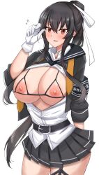 Rule 34 | 1girl, absurdres, belt, black belt, black hair, breasts, breasts out, cleavage, closed mouth, gloves, grey skirt, hachimaki, headband, highres, kantai collection, large breasts, looking at viewer, miniskirt, nipples, orange eyes, pleated skirt, ponytail, simple background, skirt, smile, solo, toshimasa (ztvy3575), uniform, upper body, variant set, white background, white gloves, yahagi (kancolle), yahagi kai ni (kancolle)