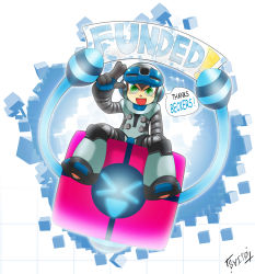 Rule 34 | &gt; &lt;, 1boy, banner, beck (mighty no. 9), english text, closed eyes, green eyes, helmet, highres, male focus, mighty no. 9, robot, salute, shoutaro saito, sitting, smile, solo, thank you