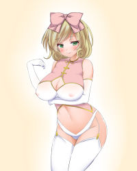 Rule 34 | 10s, 1girl, arm up, blonde hair, blush, breast hold, breasts, bridal gauntlets, cleavage, cleavage cutout, clothing cutout, covered erect nipples, crossed arms, curly hair, female focus, garter straps, gradient background, green eyes, hair ribbon, haruka (senran kagura), iiyama, large breasts, legs, midriff, nipples, panties, ribbon, see-through, senran kagura, short hair, smile, solo, thighhighs, thighs, underwear, white background, white panties, white thighhighs