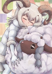 Rule 34 | 1girl, animal ears, black hair, bodystocking, closed eyes, closed mouth, coat, creatures (company), crossover, dall sheep (kemono friends), fluffy, fur-trimmed sleeves, fur trim, game freak, gen 8 pokemon, grey hair, hair between eyes, head rest, highres, horns, hug, kemono friends, kotobukkii (yt lvlv), long hair, multicolored hair, nintendo, pokemon, pokemon (creature), pokemon swsh, sheep, sheep ears, sheep horns, sheep tail, smile, standing, tail, trait connection, two-tone hair, wavy mouth, wooloo