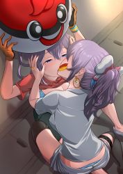 Rule 34 | 2girls, absurdres, artist request, ball guy, blue eyes, blush, breasts, commentary request, creatures (company), earrings, game freak, gloves, highres, jewelry, kiss, large breasts, multiple girls, nail polish, nintendo, original, pink nails, pokemon, pokemon swsh, purple hair, ring, thighs, yuri
