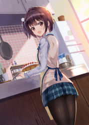 Rule 34 | 1girl, :d, absurdres, apron, black pantyhose, blue skirt, blush, breasts, brown apron, brown eyes, brown hair, cake, commentary request, food, from behind, fruit, frying pan, highres, indoors, long sleeves, looking at viewer, looking back, nose blush, one side up, open mouth, original, pantyhose, plaid, plaid skirt, pleated skirt, refrigerator, shirt, short hair, skirt, small breasts, smile, solo, strawberry, sweater vest, tile wall, tiles, tsumiwara, white shirt, window
