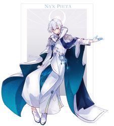 Rule 34 | 1boy, blue eyes, elsword, facing viewer, full body, jewelry, kuri-s, long sleeves, looking to the side, male focus, noah ebalon, nyx pieta (elsword), pendant, scarf, shoes, short hair, smile, solo, starry sky print, white background, white hair