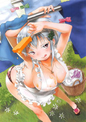 Rule 34 | 1girl, :q, apron, areola slip, arms up, basket, blush, bow, breasts, butt crack, character request, cleavage, clothes pin, colored eyelashes, dutch angle, flip-flops, food, frills, from above, green bow, highres, inuburo, jewelry, large breasts, laundry, leaning forward, licking, looking at viewer, messy, naked apron, necklace, no bra, original, panties, popsicle, purple eyes, sandals, scan, sexually suggestive, short hair, silver hair, smile, solo, source request, standing, striped, striped bow, tongue, tongue out, underwear