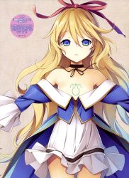 Rule 34 | 1girl, absurdres, bare shoulders, blonde hair, blue eyes, bow, choker, collarbone, dress, flat chest, hair bow, highres, kikuchi seiji, lapis lazuli (soukyuu no lapis lazuli), long hair, looking at viewer, official art, open mouth, parted lips, scan, short dress, simple background, solo, soukyuu no lapis lazuli, tattoo