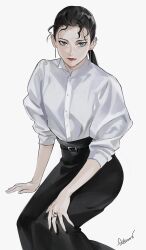 Rule 34 | 1girl, arm support, belt, black hair, black nails, black skirt, blue eyes, closed mouth, collared shirt, dress shirt, ear piercing, earrings, feet out of frame, hair pulled back, highres, invisible chair, jewelry, long hair, long skirt, looking at viewer, meitantei conan, mizunashi rena, nail polish, piercing, ponytail, puffy sleeves, red lips, ring, roru (lol dessin), shirt, shirt tucked in, signature, simple background, sitting, skirt, sleeves past elbows, sleeves pushed up, smile, solo, wavy hair, white background, white shirt