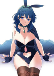 Rule 34 | 1girl, 46yonaka, animal ears, blue eyes, blue hair, breasts, byleth (female) (fire emblem), byleth (fire emblem), cape, cleavage, clothing cutout, fake animal ears, fire emblem, fire emblem: three houses, gloves, heart cutout, large breasts, leotard, looking at viewer, lowres, medium hair, navel, navel cutout, nintendo, playboy bunny, rabbit ears, serious, sitting, solo, thighhighs, thighs, yoru (yoruyonaka)