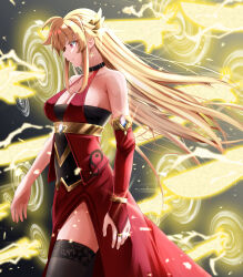 Rule 34 | 1girl, asymmetrical sleeves, black bustier, black choker, black thighhighs, blonde hair, breasts, bridal gauntlets, choker, cleavage, closed mouth, collarbone, detached sleeves, dress, earrings, fate/stay night, fate (series), fate testarossa, floating hair, from side, gate of babylon (fate), highres, jewelry, large breasts, long hair, long sleeves, lyrical nanoha, mahou shoujo lyrical nanoha strikers, red dress, red eyes, red sleeves, side slit, sideboob, sleeveless, sleeveless dress, solo, sougetsu izuki, sparkle, standing, thighhighs, very long hair