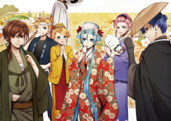 Rule 34 | 2boys, 3girls, ;d, apron, black shirt, blue eyes, blue hair, blue kimono, blue theme, breasts, brown eyes, brown hair, cleavage, floral print, green kimono, grin, hair between eyes, hair over shoulder, hair ribbon, hand fan, hand on own hip, haori, hatsune miku, holding, holding fan, japanese clothes, kagamine len, kagamine rin, kaito (vocaloid), kimono, long hair, long sleeves, looking at viewer, low twintails, medium breasts, megurine luka, meiko (vocaloid), multiple boys, multiple girls, one eye closed, open mouth, own hands clasped, own hands together, parted bangs, ponytail, print kimono, red apron, red eyes, red kimono, red ribbon, ribbon, sarashi, shirt, short hair, smile, suzunosuke (sagula), twintails, very long hair, vocaloid, wide sleeves, yellow kimono