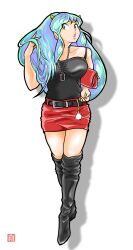 Rule 34 | afterimage, alternate costume, aqua hair, artist logo, bag, bare shoulders, belt, black belt, black camisole, black footwear, boots, camisole, collarbone, cone horns, full body, gradient hair, hand in own hair, handbag, highres, holding, holding bag, horns, jewelry, knee boots, looking at viewer, lum, miniskirt, multicolored hair, mushuku (cgckfaoaoy4p1hx), necklace, oni, parted lips, pointy ears, red skirt, simple background, skirt, standing, urusei yatsura, white background