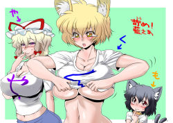 Rule 34 | 3girls, animal ears, black hair, blonde hair, blush, bow, breasts, brown hair, cat ears, cat girl, cat tail, chen, cleavage, clothes writing, collar, danna (karatekikku), dressing, female focus, finger to face, fox tail, hand on own face, hat, hat bow, huge breasts, impossible clothes, inconvenient breasts, long hair, midriff, multiple girls, multiple tails, navel, purple eyes, short hair, tail, tears, touhou, translation request, underboob, yakumo ran, yakumo yukari, yellow eyes