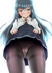 Rule 34 | 10s, 1girl, asashio (kancolle), black hair, black pantyhose, blue eyes, blush, clothes lift, dress, dress lift, embarrassed, from below, gatchii, highres, kantai collection, lifting own clothes, long hair, long sleeves, looking at viewer, panties, panties under pantyhose, pantyhose, pantyshot, pinafore dress, school uniform, shiny clothes, shirt, skirt, skirt lift, sleeveless, sleeveless dress, solo, thighband pantyhose, underwear, wavy mouth, white shirt