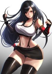 Rule 34 | 1girl, black panties, black skirt, black thighhighs, breasts, clenched hands, contrapposto, cowboy shot, earrings, elbow gloves, elbow pads, final fantasy, final fantasy vii, fingerless gloves, gloves, highres, jewelry, large breasts, long hair, looking at viewer, low-tied long hair, midriff, miniskirt, navel, panties, pantyshot, pencil skirt, red eyes, rothy (user cezn8425), shirt, skindentation, skirt, solo, standing, suspender skirt, suspenders, tank top, taut clothes, taut shirt, thighhighs, tifa lockhart, underwear