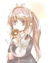 Rule 34 | 1girl, animal, brown eyes, brown hair, cat, doughnut, eyebrows, food, furui suguri, little busters!, long sleeves, mouth hold, natsume rin, side ponytail, simple background, solo, upper body, white background