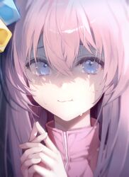 Rule 34 | 1girl, absurdres, blue eyes, blush, bocchi the rock!, close-up, closed mouth, gotoh hitori, highres, jacket, long hair, looking at viewer, misyune, pink hair, pink jacket, portrait, shaded face, solo, upper body
