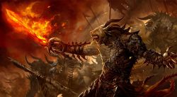 Rule 34 | armor, cannon, charr, charr soldiers, flag, flaming sword, flaming weapon, guild wars (series), guild wars 1, guild wars 2, gun, helmet, highres, horns, sword, weapon