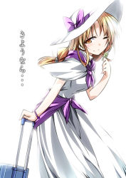 Rule 34 | 1girl, ;), backlighting, bad id, bad pixiv id, bent over, blonde hair, blush, bow, capelet, dress, hat, hat bow, hemogurobin a1c, leaning forward, long hair, looking at viewer, louise (touhou), neckerchief, one eye closed, ponytail, purple ribbon, ribbon, rolling suitcase, sash, simple background, smile, solo, suitcase, sun hat, tears, ticket, touhou, touhou (pc-98), translation request, trolley, white background, white dress, wristband, yellow eyes