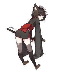 Rule 34 | 1girl, animal ears, artist name, bent over, black hair, black thighhighs, blush, closed mouth, copyright request, eyepatch, fox mask, from behind, full body, holding, holding sword, holding weapon, japanese clothes, katana, kimono, kimono skirt, lansane, looking back, mask, mask on head, medical eyepatch, obi, red eyes, sash, signature, solo, sword, thighhighs, weapon, white background