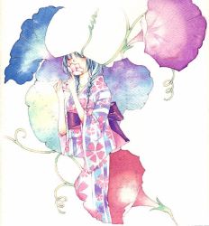 Rule 34 | 1girl, braid, covered mouth, double exposure, flower, japanese clothes, kimono, morning glory, painting (medium), solo, traditional media, twin braids, uko (artist), watercolor (medium), white background, yufushi