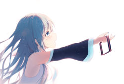 Rule 34 | 1girl, alternate hairstyle, aqua eyes, aqua hair, aqua nails, bad id, bad pixiv id, bare shoulders, black sleeves, bloom, blush, commentary, detached sleeves, from side, giving, grey shirt, hair ornament, half-closed eyes, hatsune miku, holding, holding hair ornament, leaning forward, light blush, long hair, nail polish, open mouth, outstretched arm, see-through, see-through sleeves, shirt, sleeveless, sleeveless shirt, smile, solo, upper body, very long hair, vocaloid, white background, yumenone (conectarts)