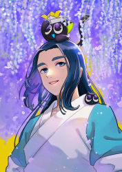 Rule 34 | 2boys, absurdres, animal, animal on head, black cat, black hair, blue eyes, cat, cat on head, flower, highres, long hair, luo xiaohei, luo xiaohei (cat), luo xiaohei zhanji, multiple boys, on head, paper hat, paper kabuto, parted lips, purple flower, smile, upper body, uroco27, wisteria, wuxian (the legend of luoxiaohei), yellow background