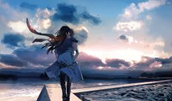 Rule 34 | 1boy, 1girl, absurdres, black hair, brown hair, carrying, character request, cloud, cloudy sky, copyright request, facing away, highres, holding person, kukka, long hair, looking at another, outdoors, piggyback, red scarf, scarf, scenery, short hair, short sleeves, skirt, sky, sunset, white skirt
