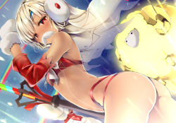 Rule 34 | 1girl, altera (fate), altera the santa (fate), ass, bare shoulders, bent over, blush, breasts, commentary request, cowboy shot, dark-skinned female, dark skin, detached sleeves, earmuffs, fake facial hair, fake mustache, fate/grand order, fate (series), holding, holding weapon, looking at viewer, mittens, natsume eri, photon ray (fate), red eyes, revealing clothes, sheep, short hair, silver hair, small breasts, solo, standing, stomach, tattoo, thighs, veil, weapon, white mittens