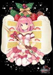Rule 34 | 1girl, bow, breasts, brown gloves, cake, cleavage, collarbone, dated, food, fork, fruit, gloves, grand harem, hair ornament, looking at viewer, medium breasts, midriff, mini person, minigirl, navel, official art, original, panties, pink eyes, pink hair, pointy ears, pokachu, puffy short sleeves, puffy sleeves, shirt, short sleeves, showgirl skirt, sitting, skirt, skirt set, smile, solo, sparkle, strawberry, thighhighs, underwear, wariza, white panties, white thighhighs