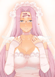 Rule 34 | 1girl, bare shoulders, blush, breasts, bridal veil, choker, cleavage, collarbone, detached sleeves, dress, fate/stay night, fate (series), forehead, glasses, jewelry, large breasts, long hair, looking at viewer, medusa (fate), medusa (rider) (fate), mo (kireinamo), parted bangs, pov, purple eyes, purple hair, ring, smile, square pupils, veil, very long hair, wedding dress, wedding ring, white dress