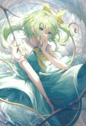 Rule 34 | 1girl, absurdres, aqua dress, aqua eyes, ascot, bow, collared shirt, commentary request, cowboy shot, daiyousei, dress, fairy wings, green hair, hair between eyes, hair bow, hand on own face, highres, long hair, looking at viewer, puffy short sleeves, puffy sleeves, shirt, short sleeves, side ponytail, solo, toku kekakewanko, touhou, transparent wings, white shirt, wings, yellow ascot, yellow bow