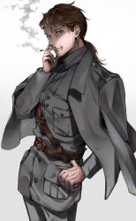 Rule 34 | 0niku mimizuku, 1boy, belt, brown belt, brown hair, cigarette, collared jacket, cowboy shot, curtained hair, green eyes, grey jacket, grey pants, hand on own hip, highres, holding, holding cigarette, identity v, jacket, jacket on shoulders, looking at viewer, low ponytail, male focus, military, military uniform, naib subedar, naib subedar (colonel dax), official alternate costume, pants, parted lips, sam browne belt, scar, scar on hand, shaded face, sideways glance, simple background, smoke, smoking, solo, stitched mouth, stitches, symbol-only commentary, uniform, white background